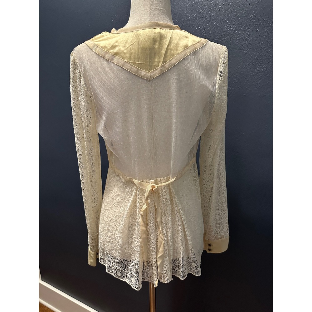 Sundance Lace Satin Lady Jane Blouse Sz 8 Cream Gold Romantic Mesh Peplum Top - Picture 3 of 14
